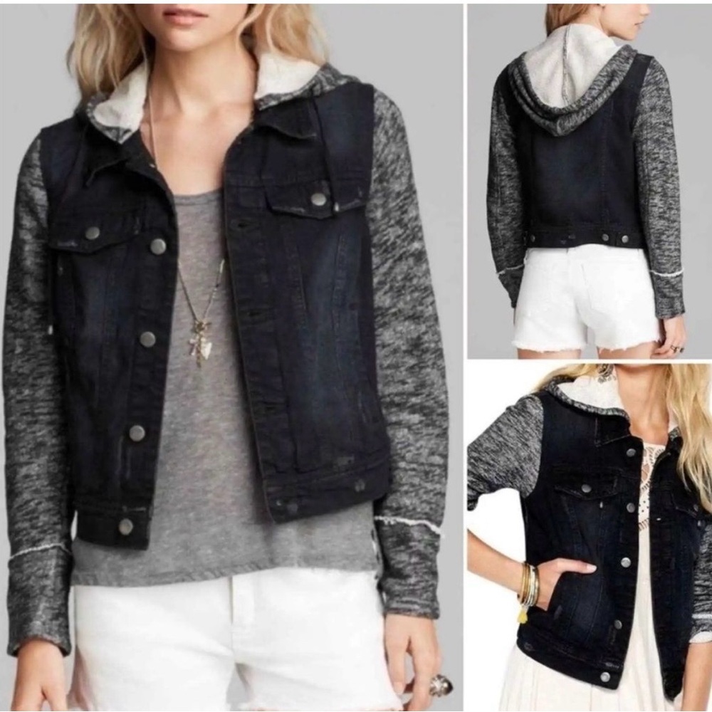 Free People Distressed Mixed Media Denim Jacket Black Sweater Sleeves – M - Picture 4 of 8